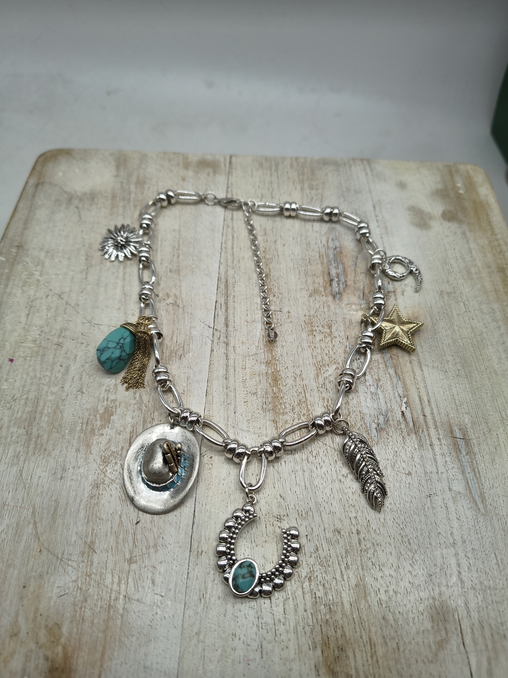 Silver-Boho WesternTurquoise Charm Necklace with Star & Feather Accents